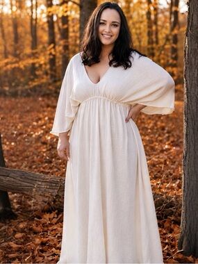 Soft Puckered Knit off white dress with  v neck and draped goddess handmade